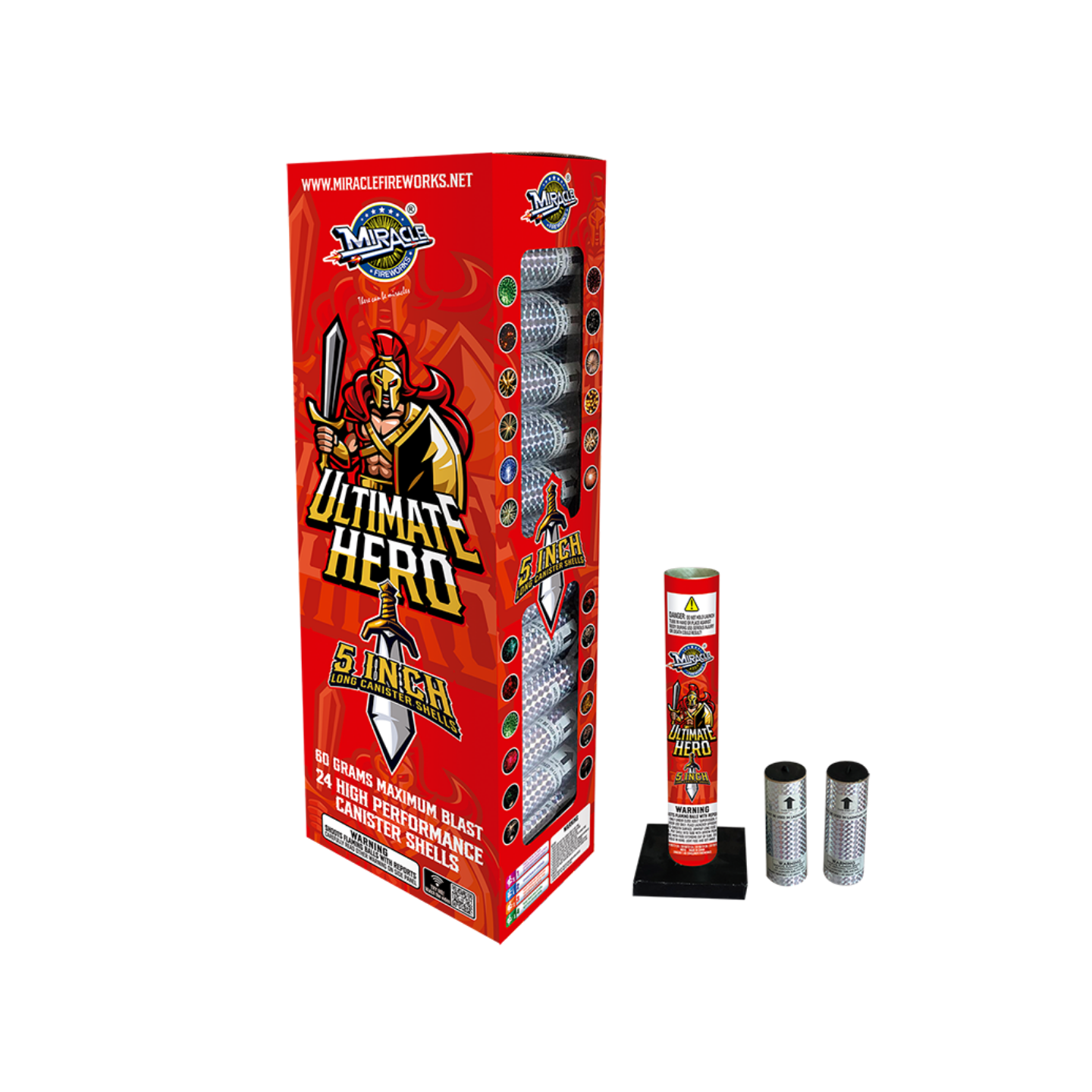 MIRACLE ® - ULTIMATE HERO 5″ LONG CANISTER SHELLS (24 SHOT)